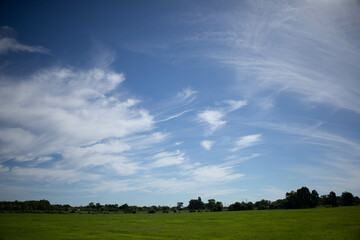 Cirrus clouds in the sky. The cirrus clouds swaying in the wind look beautiful against the blue sky above the rice fields and green trees in Thailand. no focus