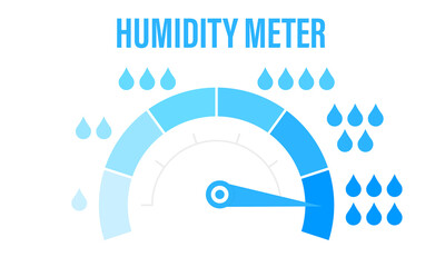 Humidity meter. Measuring dashboard with arrow and water drops with different levels of liquid. Hygrometer visualization. Climate control tool on white background. Water level. Vector illustration - obrazy, fototapety, plakaty