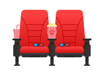 Obraz premium Seats in the cinema with popcorn, drinks and 3d glasses. Flat vector cartoon Cinema seat illustration. Objects isolated on white background. The concept of watching a movie. Vector illustration