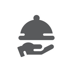Dish cover and hand vector icon. Serving food tray, restaurant and menu symbol.