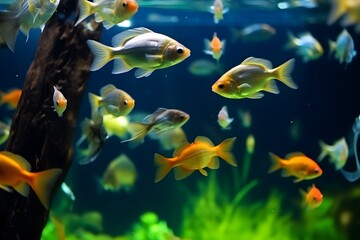 Naklejka na ściany i meble Small fish swimming in a large transparent aquarium