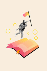 Banner picture collage of funky crazy carefree people have fun together hold flags running finish book page isolated on painted background