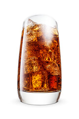 Glass of cola soft drink with ice cubes isolated. Wide angle lens. Transparent PNG image.