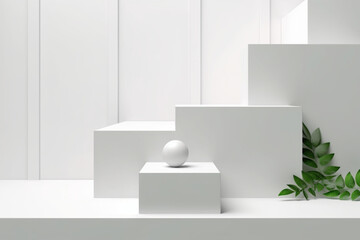 Abstract 3d background realistic white gray steps cube box stand podium or desk set with green leaf