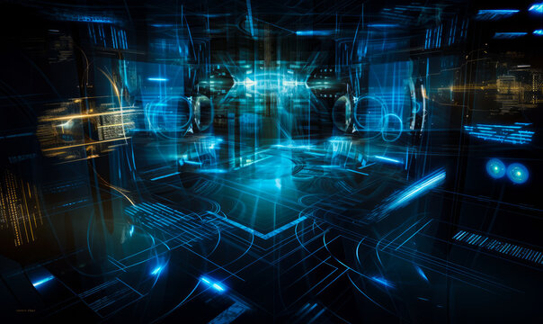 Virtual reality room with holograms. Neon lines and images in the dark backdrop. Generative AI.