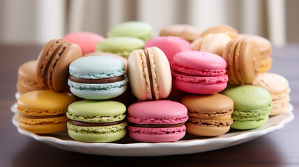 Fototapeta na wymiar A variety of macarons with their pastel hues and smooth textures. Generative AI