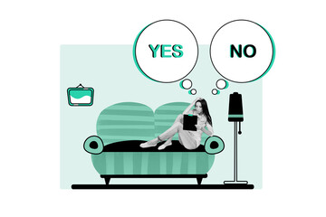 Artwork retro sketch collage of minded girl sit couch ipad write answer sms message agree or ignore yes no decision on drawn background