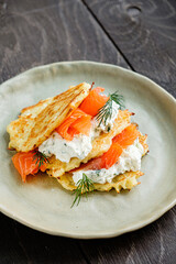 potato pancakes with salmon and cream cheese