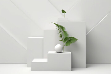 Abstract 3d background realistic white gray steps cube box stand podium or desk set with green leaf