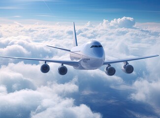 Fototapeta premium White plane in the sky, white clouds. Created with Generative AI technology.
