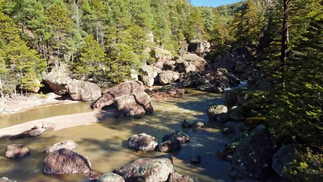 Drone shot on the river of the Cusarare Waterfall, Chihuahua