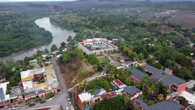Aerial drone shot of the Magical Town El Fuerte Sinaloa
