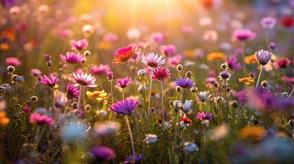 Colorful flower meadow with sunbeams and bokeh lights in summer - nature background banner with copy space - summer greeting card wildflowers spring concept.