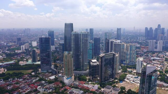 Skyscrapers In Mega Kuningan Business Center, City Skyline Of Jakarta In Indonesia. wide aerial