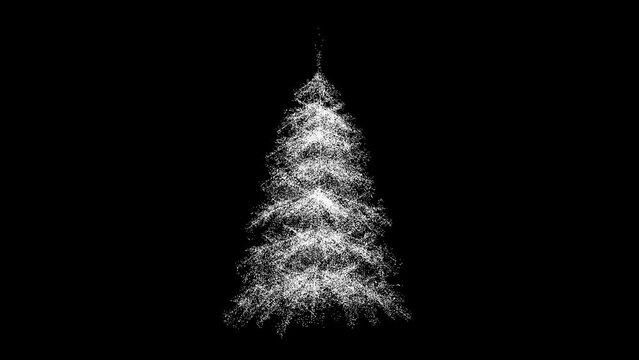 3D Christmas Tree rotates on black bg. Merry Christmas concept. Winter theme for Christmas or New Year background. Xmas motion. For title, text, presentation. Shimmering particles. 3d animation 60 FPS