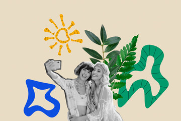 Two girls tourists picture recording video sightseeing nature sunny weather blogging summer weekend collage isolated on beige background