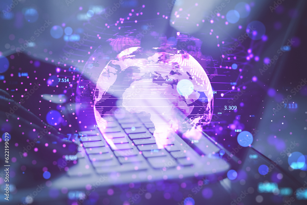 Poster Close up of hands using laptop keyboard with creative polygonal sphere on blurry background. Network and connect concept. Double exposure.
