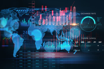 Creative global forex chart on dark background. Concept of stock market and financial success. 3D Rendering.