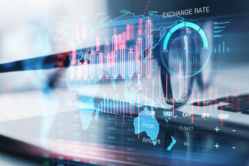 Obraz premium Close up of laptop keyboard, glasses and cellphone with creative global forex chart on blurry background. Concept of stock market and financial success. Double exposure.