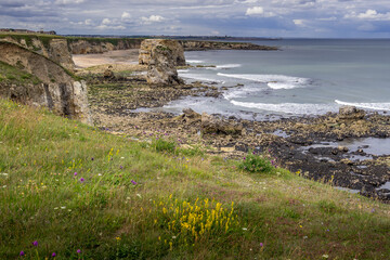 Clifftop view of Marsden sands and Marsden Rock. In the far distance you can just make out the pirs and lighthouses at Tynemouth