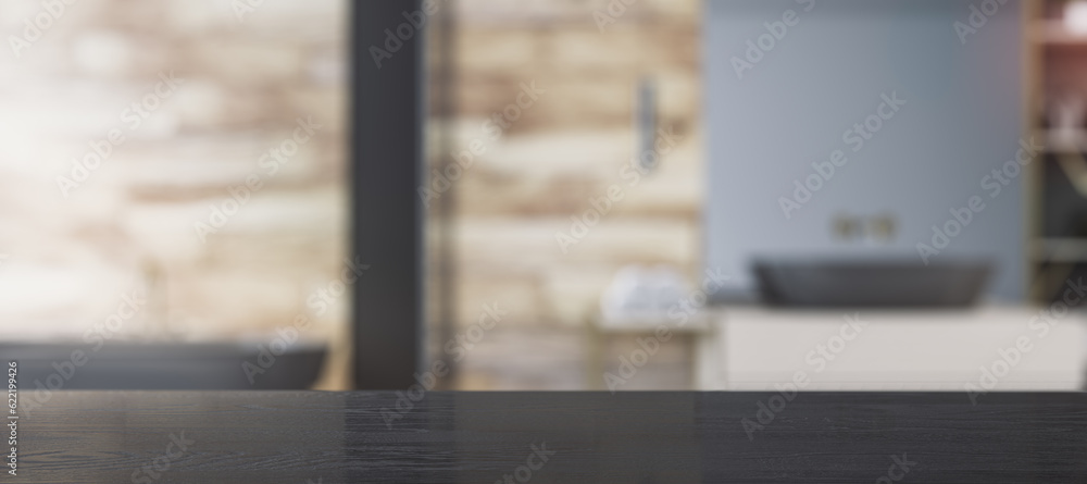 Poster front view of empty black wooden tabletop in bathroom interior with blurred background, product pres