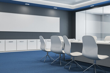 Modern glass meeting or conference room interior with furniture, blue carpet and clean wide black mock up banner on wall. 3D Rendering.