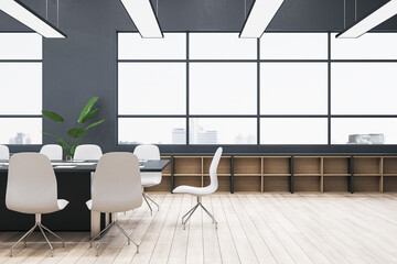 Clean concrete meeting room office interior with window and city view, wooden flooring, furniture and other items. 3D Rendering.