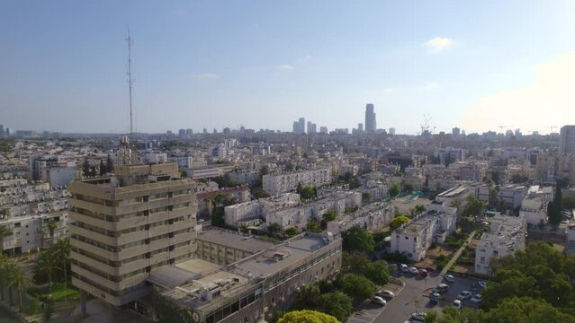 Flyind towards the old city hall of Holon, Israel