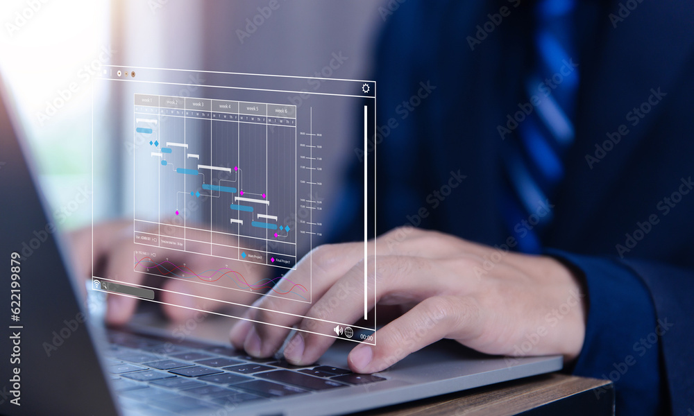Poster business manager managing business planning project schedules in the office. gantt chart showing on 