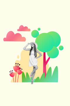Collage vertical illustration posing young model wearing panama trendy black white style dress blossom spring isolated on nature background