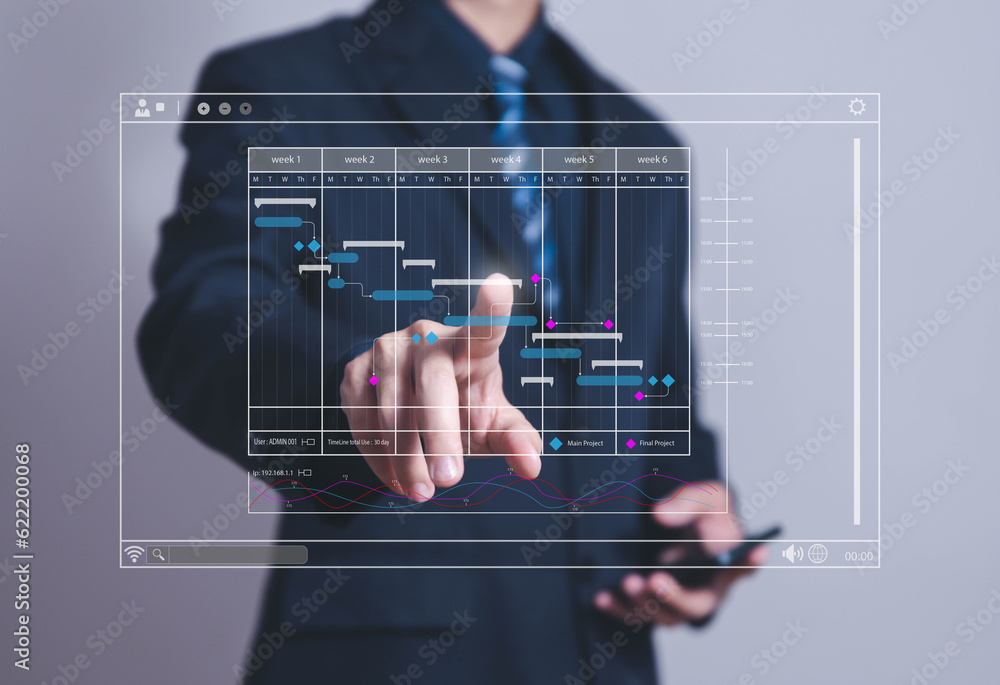 Poster business manager managing business planning project schedules in the office. Gantt chart showing on virtual screen.	
