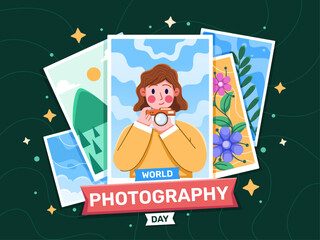 Vector illustration Celebrate World Photography Day. Artwork features a person carrying a camera ready to capture memorable moments and with colorful design.
Perfect for greeting card, web, banner.