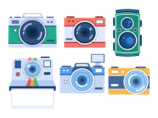 A diverse vector illustration of camera collection showcasing the evolution from vintage to modern styles. Perfect for artists, designers, and camera enthusiasts seeking retro and modern aesthetics.