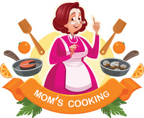 Mom teaches to cook. Kitchen symbol suitable for cafe and restaurant. Emblem depicting a cute woman surrounded by groceries teaching how to cook. Vector illustration. Cartoon style
