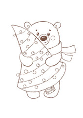 Christmas illustration with a cute little bear holding a Christmas tree. Merry Christmas card