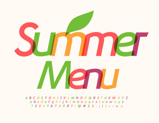 Vector colorful template Summer Menu. Stylish bright Font. Artistic Alphabet Letters and Numbers set