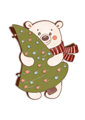 Christmas illustration with a cute little bear holding a Christmas tree. Merry Christmas card