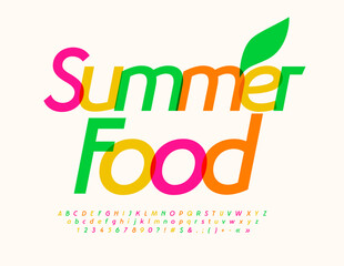 Vector Watercolor Emblem Summer Food. Elegant Font. Transparent bright Alphabet Letters and Numbers set