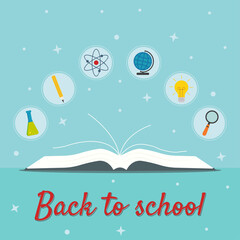 Illustration with book and icons (flask, pencil, atom, globe, light bulb, magnifier) and text "Back to school"