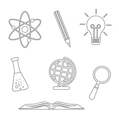 One line black set of icons on school, education theme flask, pencil, atom, globe, light bulb, magnifier