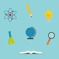 Set of icons on school, education theme flask, pencil, atom, globe, light bulb, magnifier