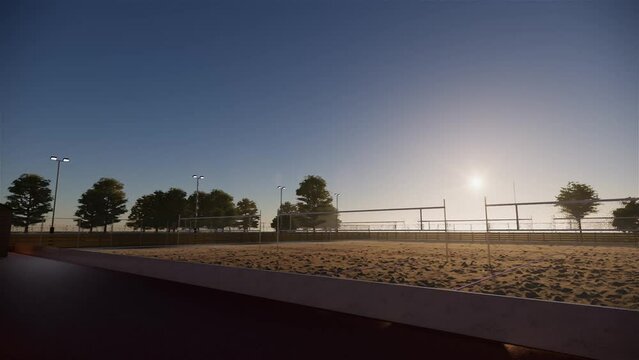 Aerial video rendering of a beach volleyball court interval time lapse from evening to night