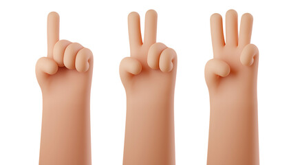 Hands show fingers, counting from one to three isolated on white background. 3D cartoon set of counting hands. Hands gesture numbers. 3d render illustration © Nadezhda