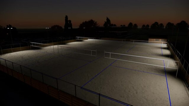 Aerial video rendering of a beach volleyball court at night