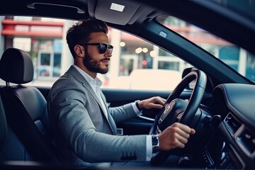 Handsome bearded man in sunglasses is driving a car in the city