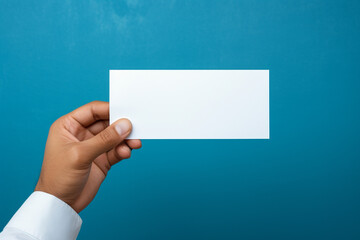 Person hand holding a blank white empty card 