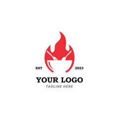 Fork, spoon, bowl, chili Hot Spicy Food Logo and Simple Fire Symbol
