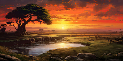 Fototapeta premium View of the African savannah at sunset