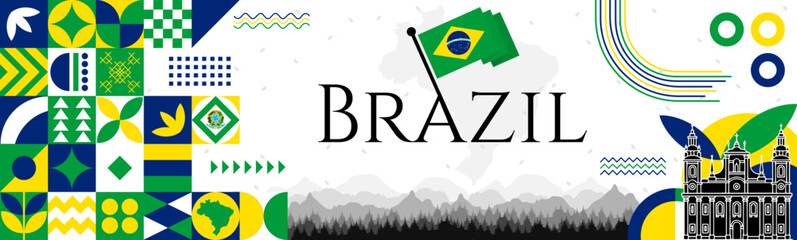 Brazil Independence Day abstract banner design with flag and map. Flag color theme geometric pattern retro modern Illustration design. Green, Yellow and Blue flag color template. © Hadducc
