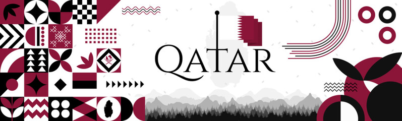 Qatar Independence Day abstract banner design with flag and map. Flag color theme geometric pattern retro modern Illustration design. Purple and White flag color template.